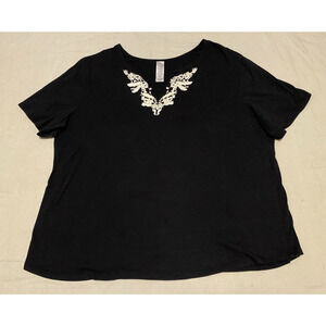 Black Boho TShirt Womens Plus 3X Embellished Lace Stretch Knit Pullover Top